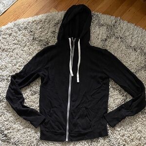 Black Zip-Up Hoodie with White Drawstrings
